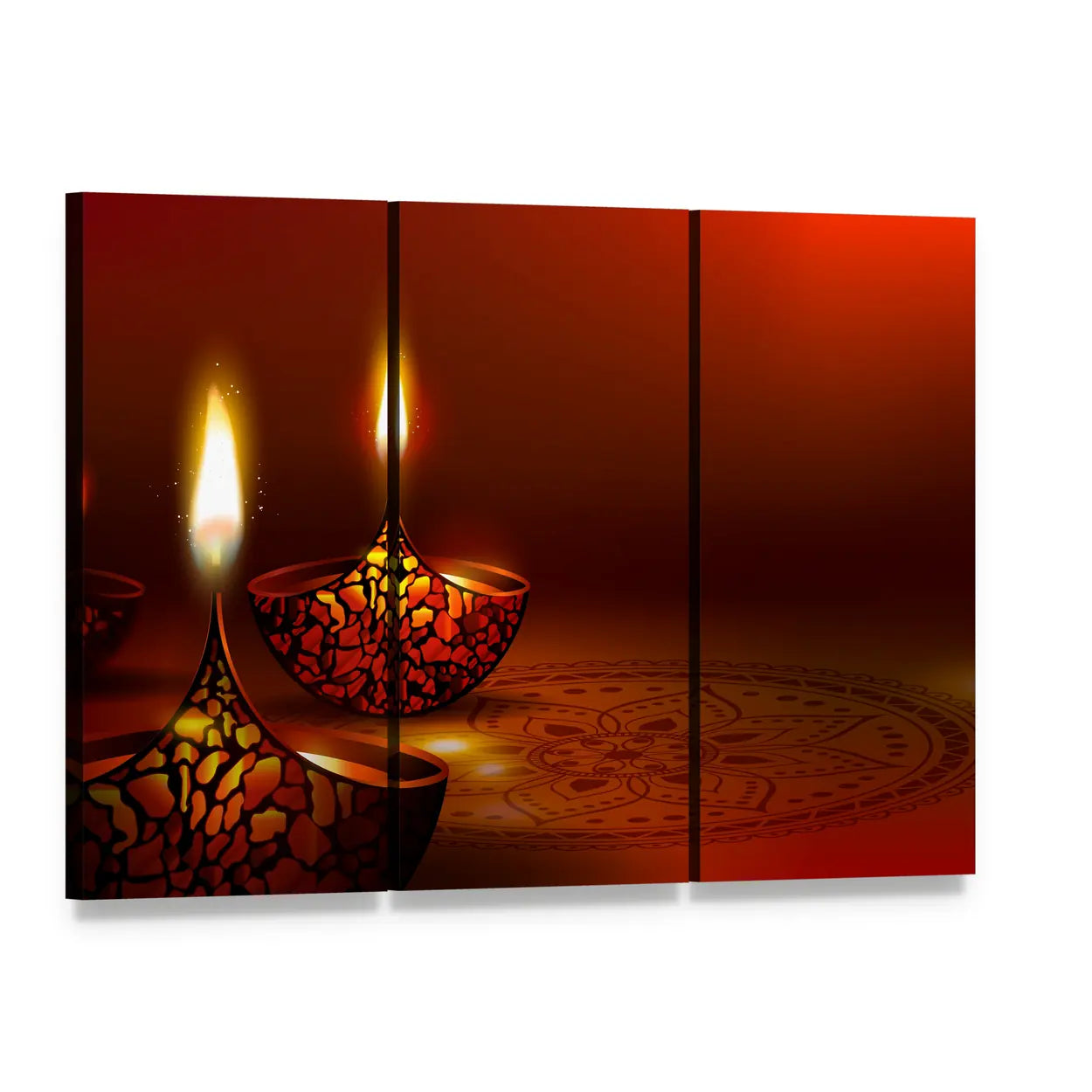 Diwali Diyas with Mosaic Floor Pattern Canvas Wall Art, 3 panel 3 Horizontal layout gallery wrapped canvas set, angled product view