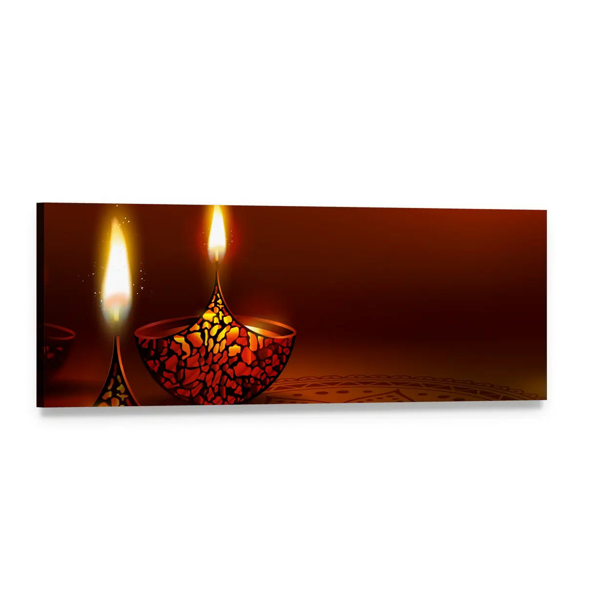 Diwali Diya Lamps in Warm Glow Panoramic Canvas Wall Art, single panel gallery wrapped canvas, angled product view