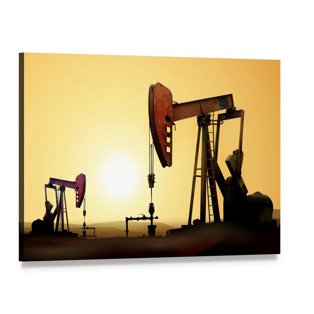 Working Oil Pumpjacks at Sunset Canvas Wall Art, single panel gallery wrapped canvas, angled product view