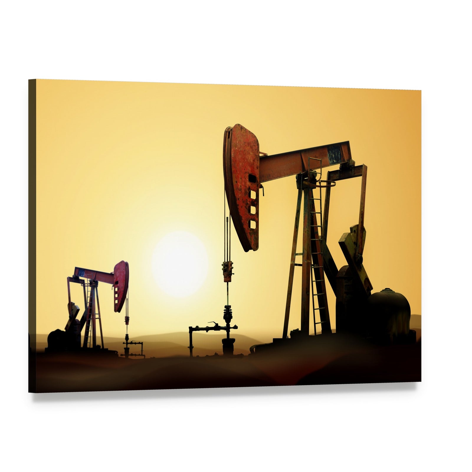 Two Oil Pump Jacks at Sunset Canvas Wall Art, single panel gallery wrapped canvas, angled product view