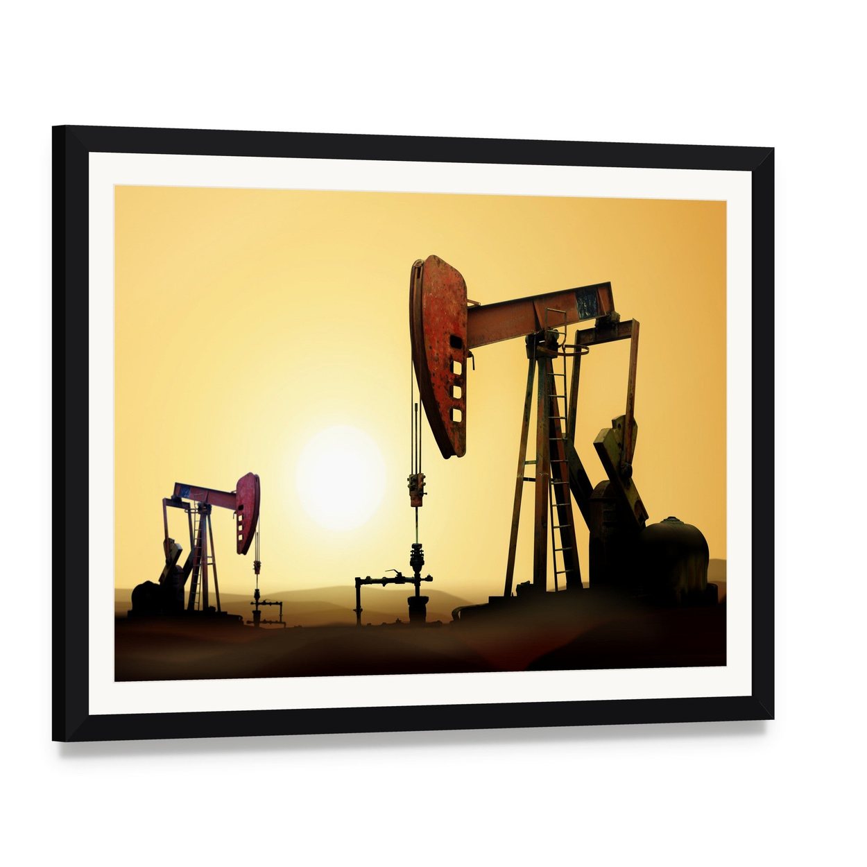 Two Oil Pump Jacks at Sunset Canvas Wall Art, framed print with white mat and black frame, angled product view