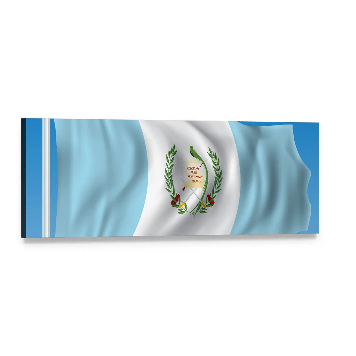 Guatemala Flag with Quetzal Emblem Panoramic Canvas Wall Art, single panel gallery wrapped canvas, angled product view