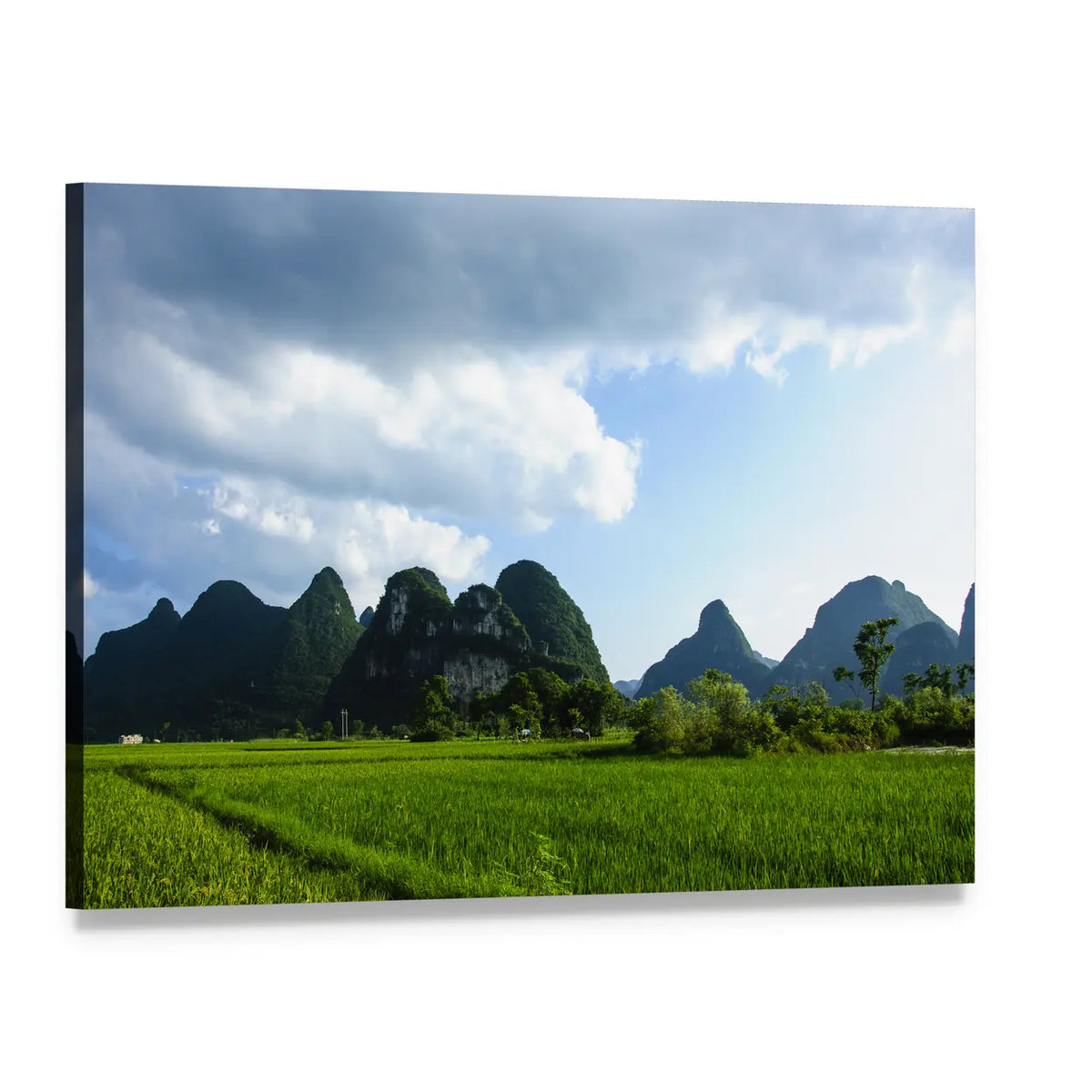 Summer Karst Mountains and Rice Fields Canvas Wall Art, single panel gallery wrapped canvas, angled product view