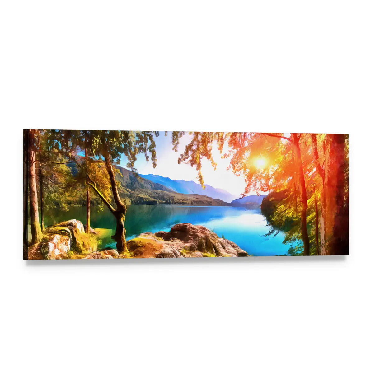 Mountain Lake at Sunset Panoramic Canvas Wall Art, single panel gallery wrapped canvas, angled product view