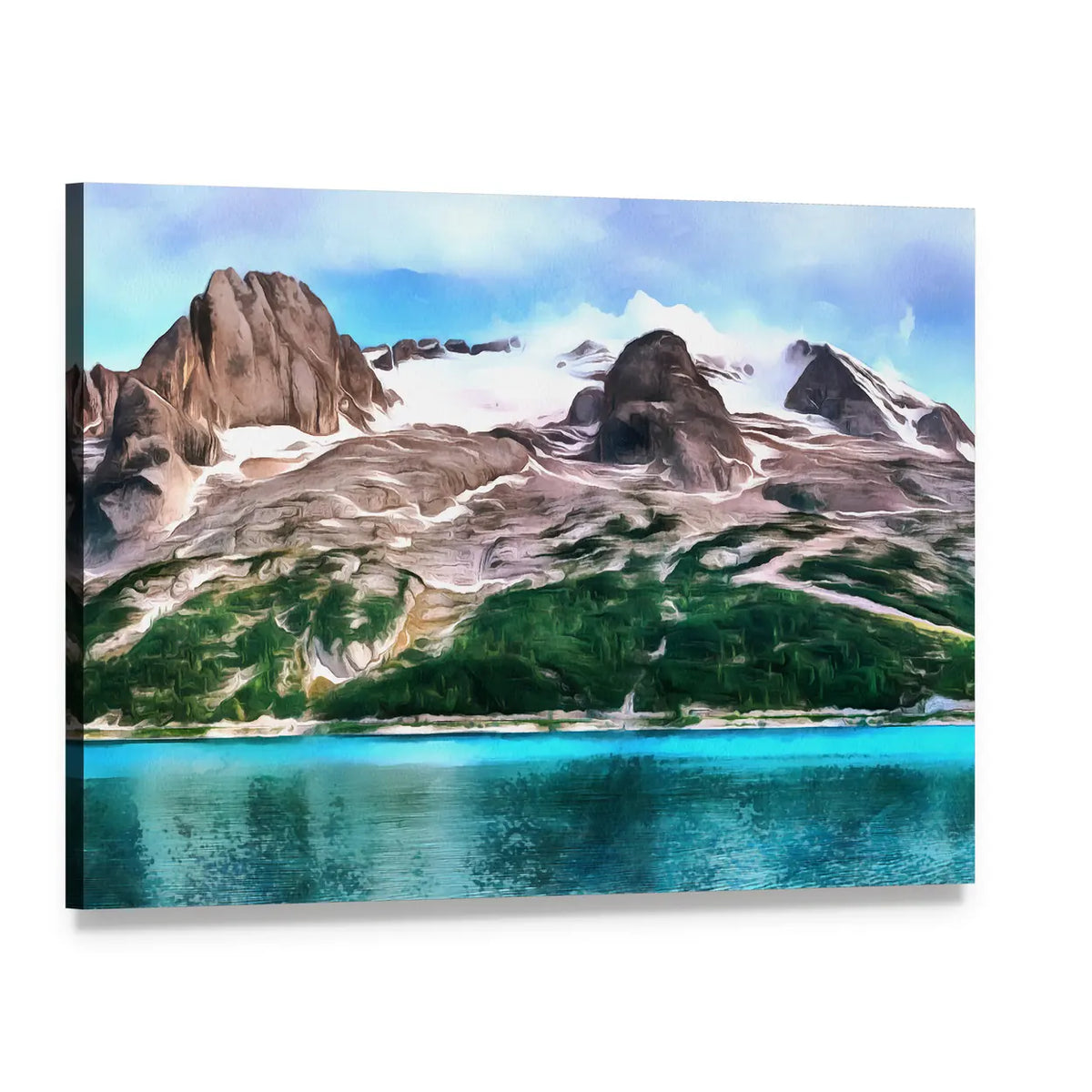 Turquoise Mountain Lake with Snow-capped Peaks Canvas Wall Art, single panel gallery wrapped canvas, angled product view