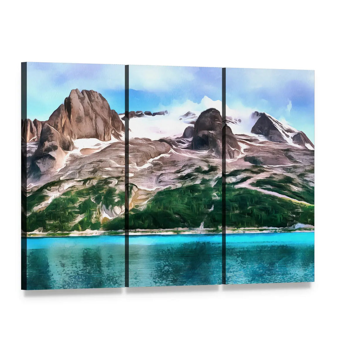Turquoise Mountain Lake with Snow-capped Peaks Canvas Wall Art, 3 panel 3 Horizontal layout gallery wrapped canvas set, angled product view