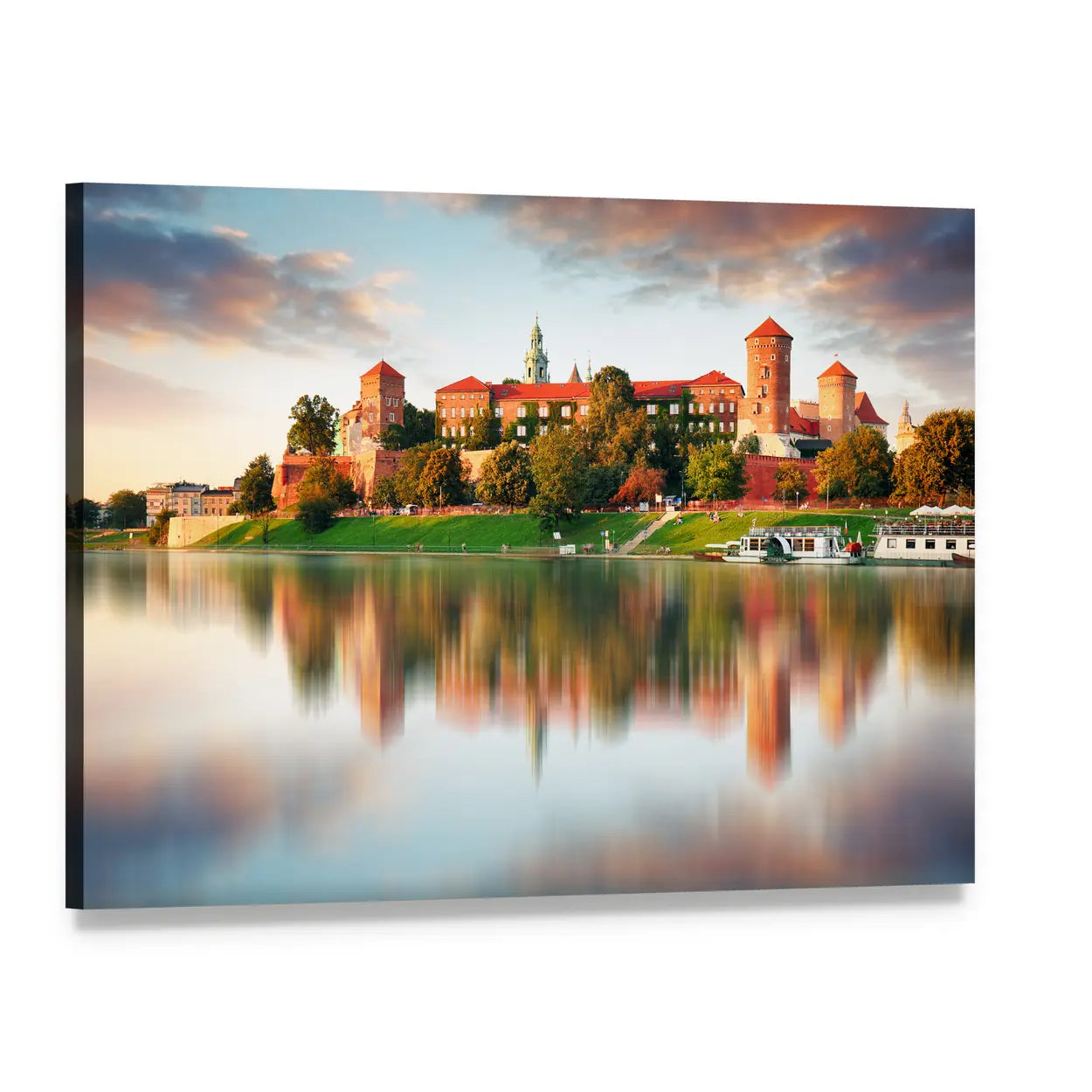 Castle Reflected at Pink Sunset Canvas Wall Art, single panel gallery wrapped canvas, angled product view