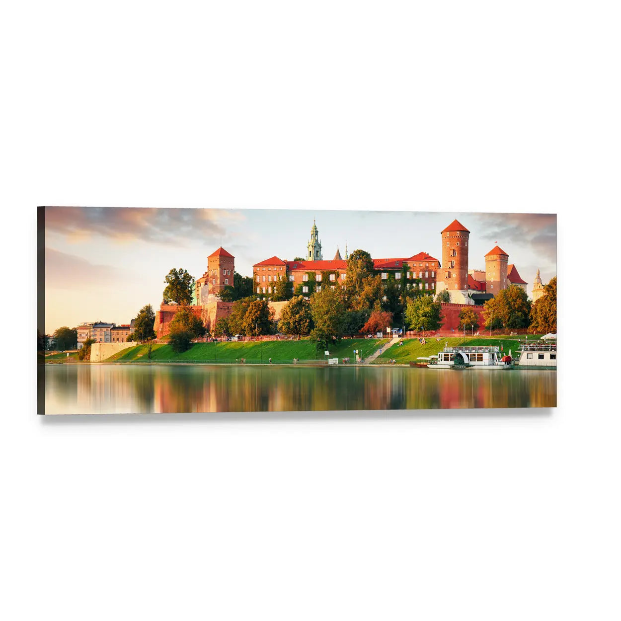 Wawel Royal Castle in Krakow at Sunset Panoramic Canvas Wall Art, single panel gallery wrapped canvas, angled product view