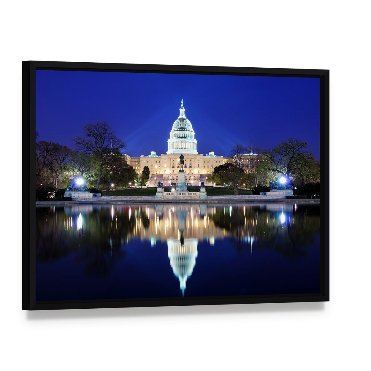 Capitol Building at Dusk Canvas Wall Art, framed canvas in a black floater frame, angled product view