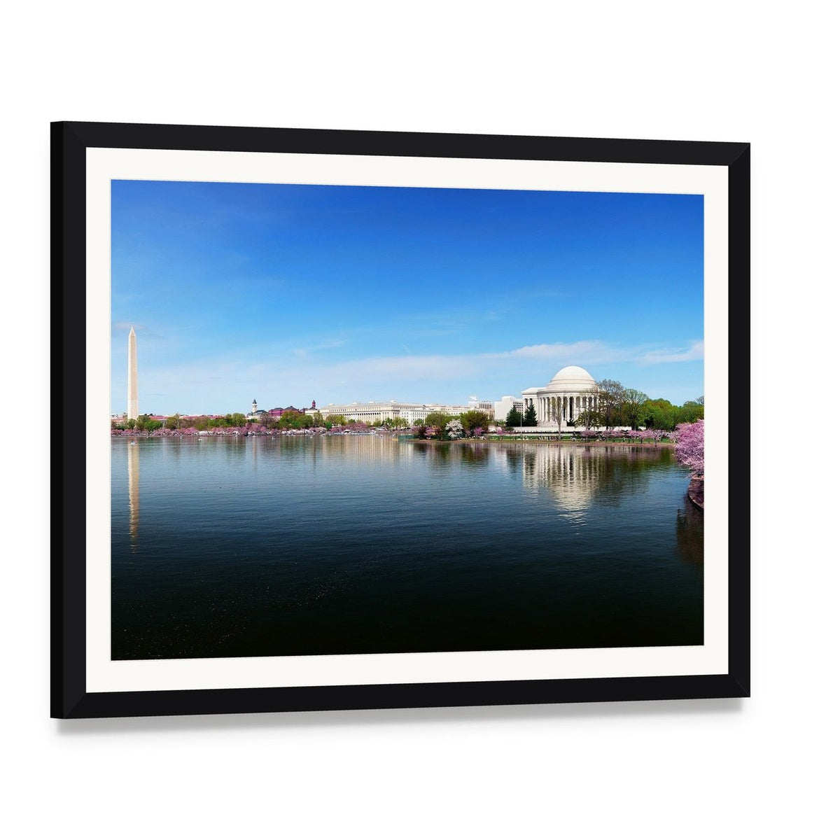 Washington Monument and Jefferson Memorial Canvas Wall Art, framed print with white mat and black frame, angled product view