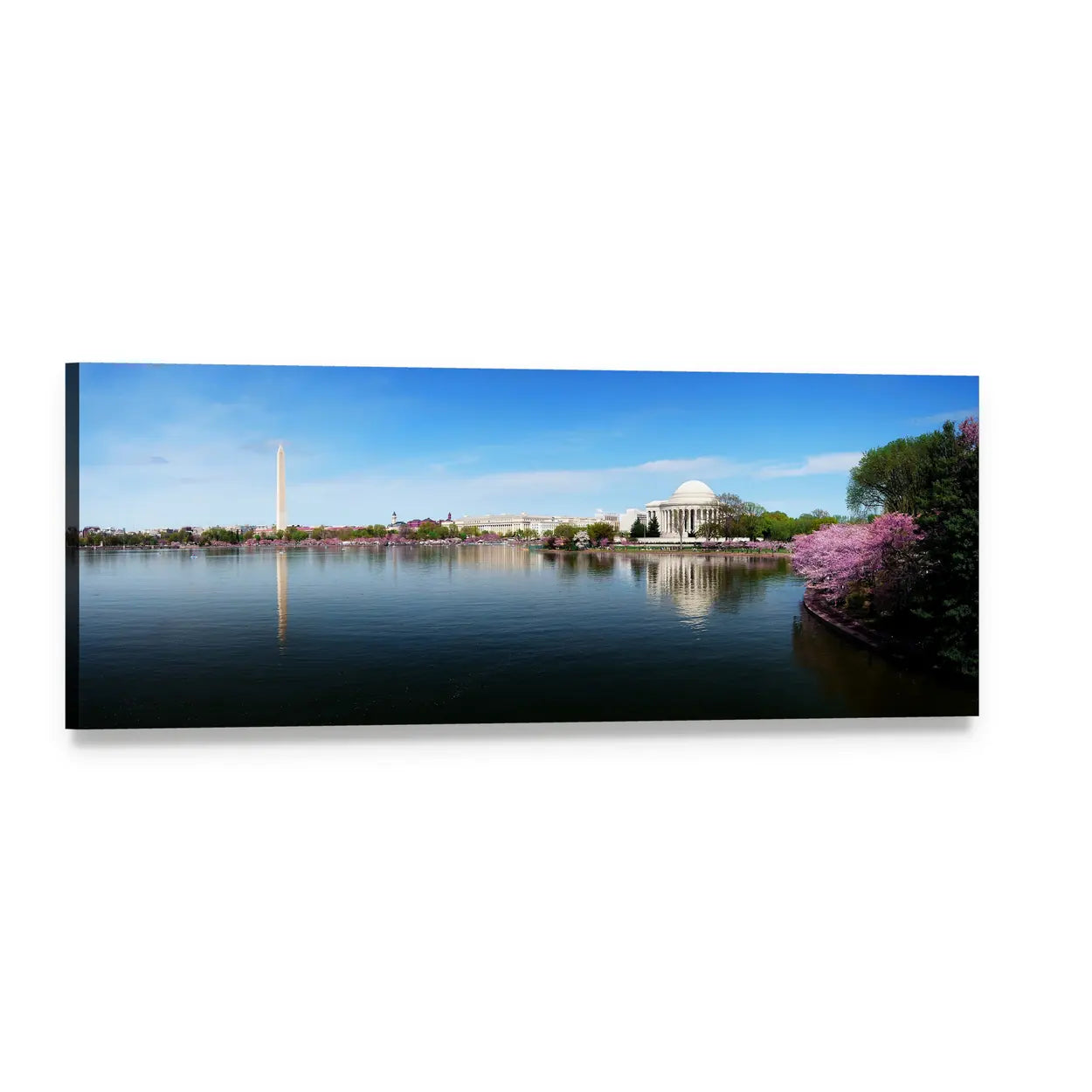 Washington Monument and Tidal Basin Reflections Panoramic Canvas Wall Art, single panel gallery wrapped canvas, angled product view