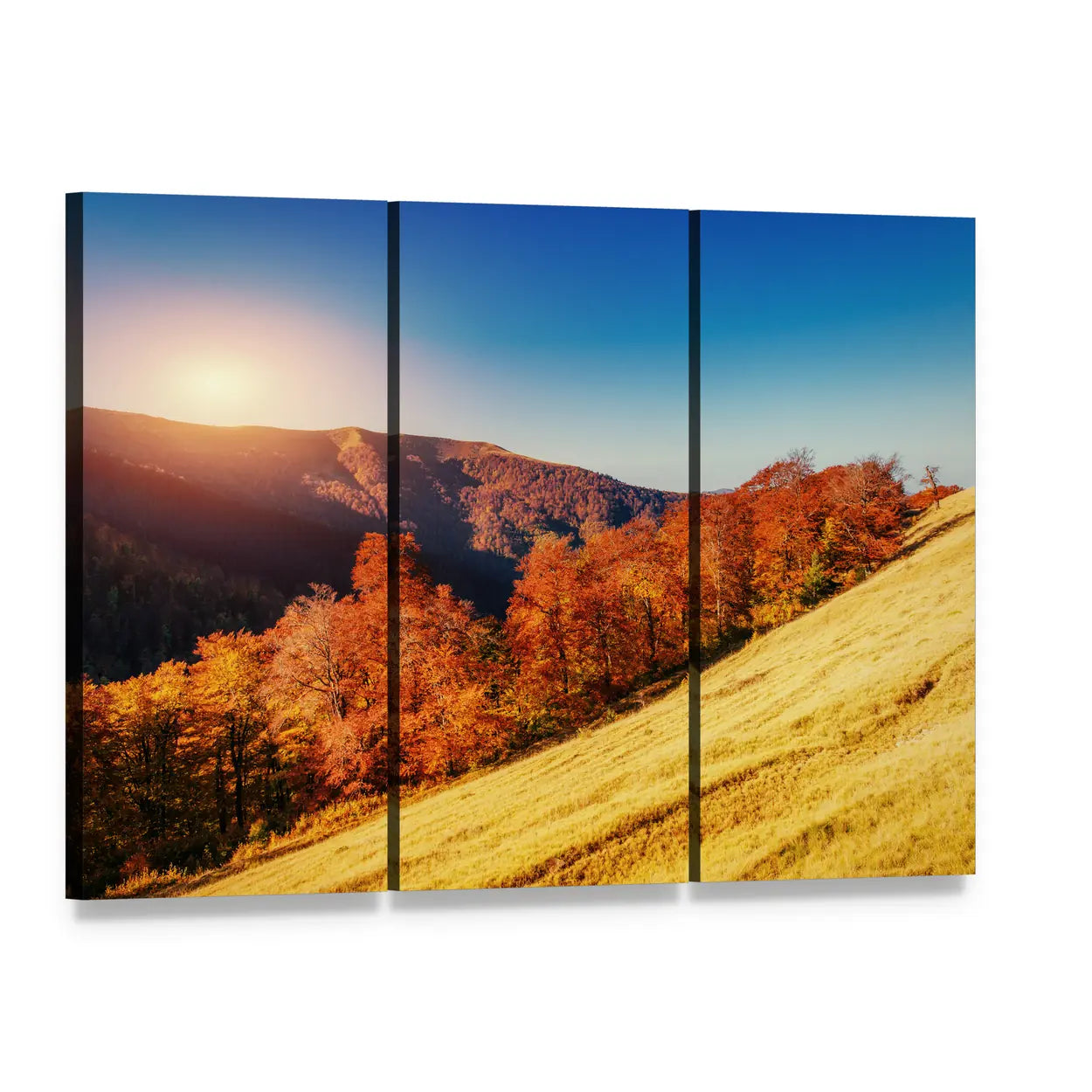 Forest Road in Autumn Canvas Wall Art, 3 panel 3 Horizontal layout gallery wrapped canvas set, angled product view