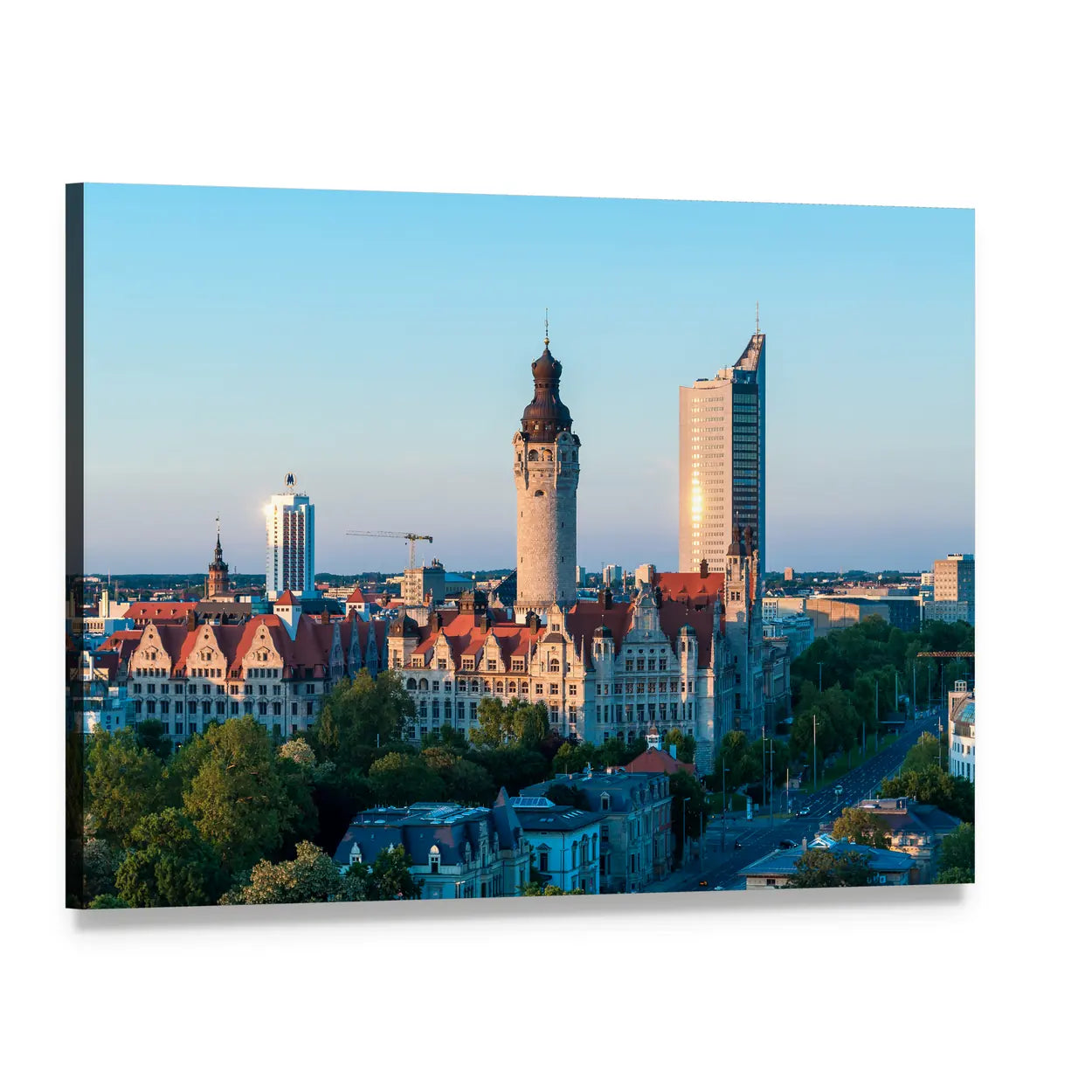 Leipzig Skyline with Town Hall at Sunset Canvas Wall Art, single panel gallery wrapped canvas, angled product view
