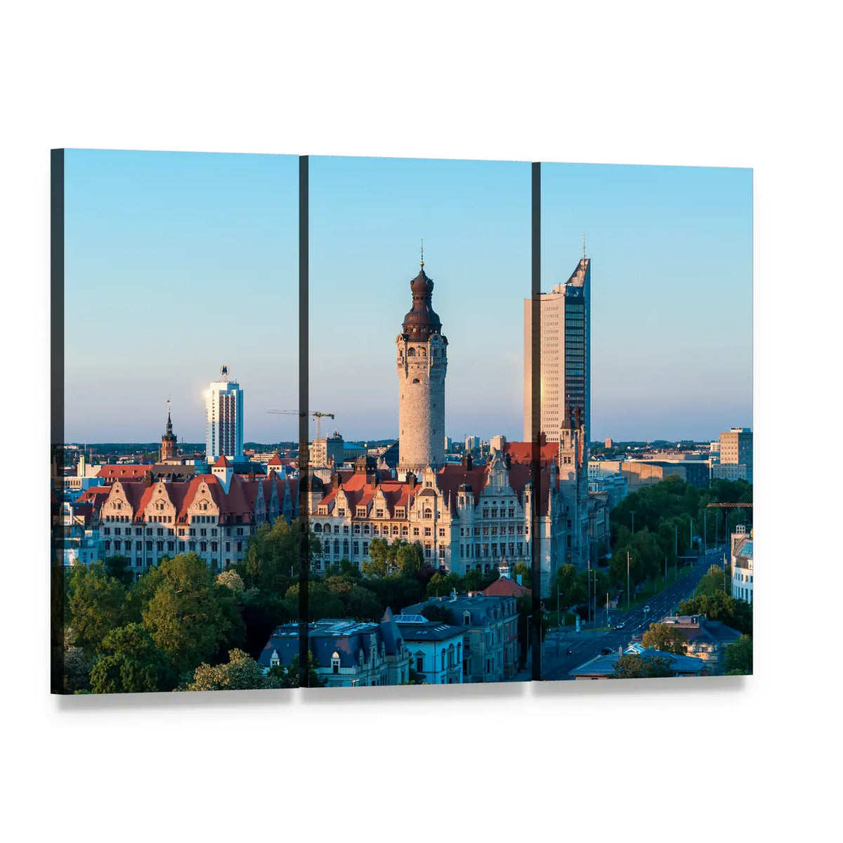 Leipzig Skyline with Town Hall Clock Tower Canvas Wall Art, 3 panel 3 Horizontal layout gallery wrapped canvas set, angled product view