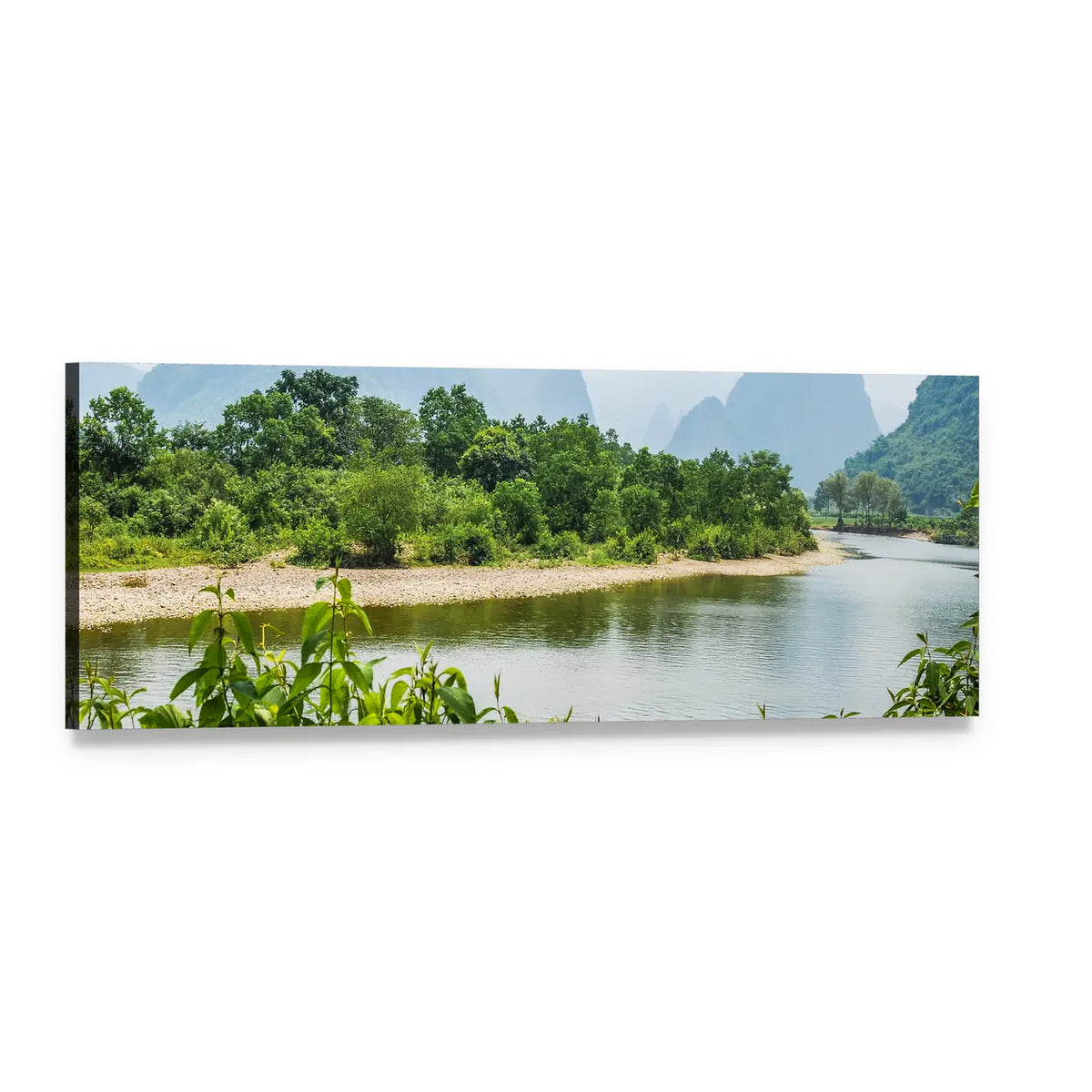 River and Karst Mountains in Summer Panoramic Canvas Wall Art, single panel gallery wrapped canvas, angled product view