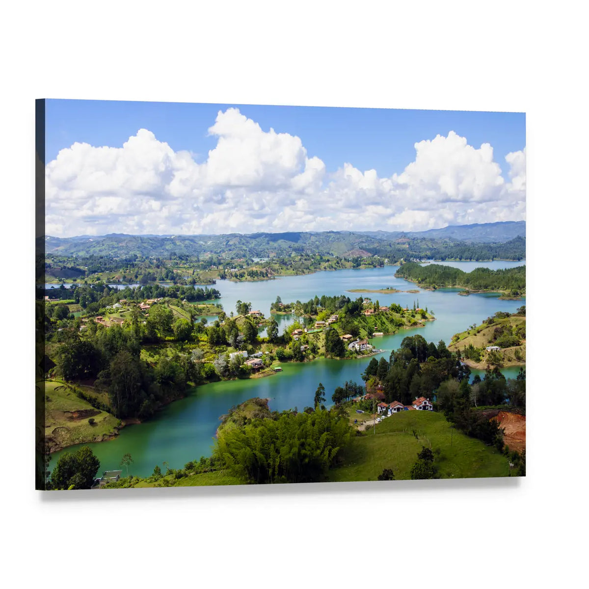 Rock Overlooking Lakeside Town Canvas Wall Art, single panel gallery wrapped canvas, angled product view