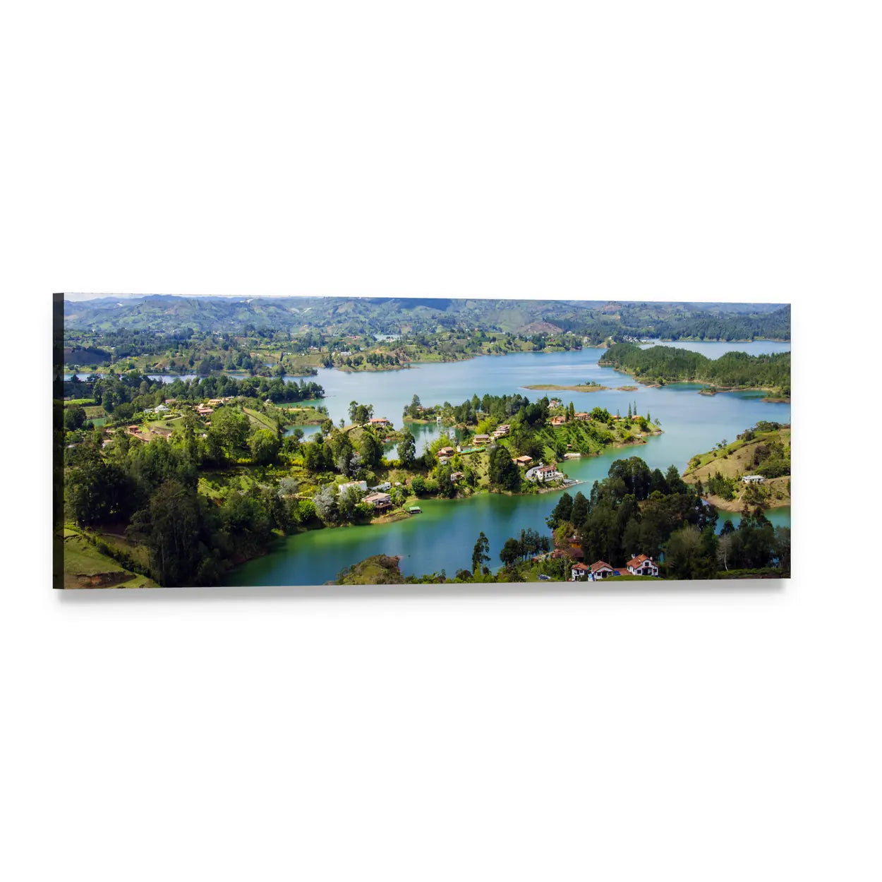 Winding Lake and Green Peninsulas Panoramic Canvas Wall Art, single panel gallery wrapped canvas, angled product view