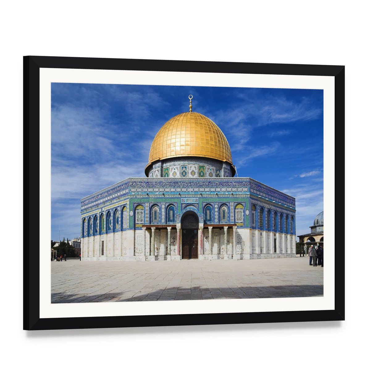Al Aqsa Mosque in Jerusalem Canvas Wall Art, framed print with white mat and black frame, angled product view