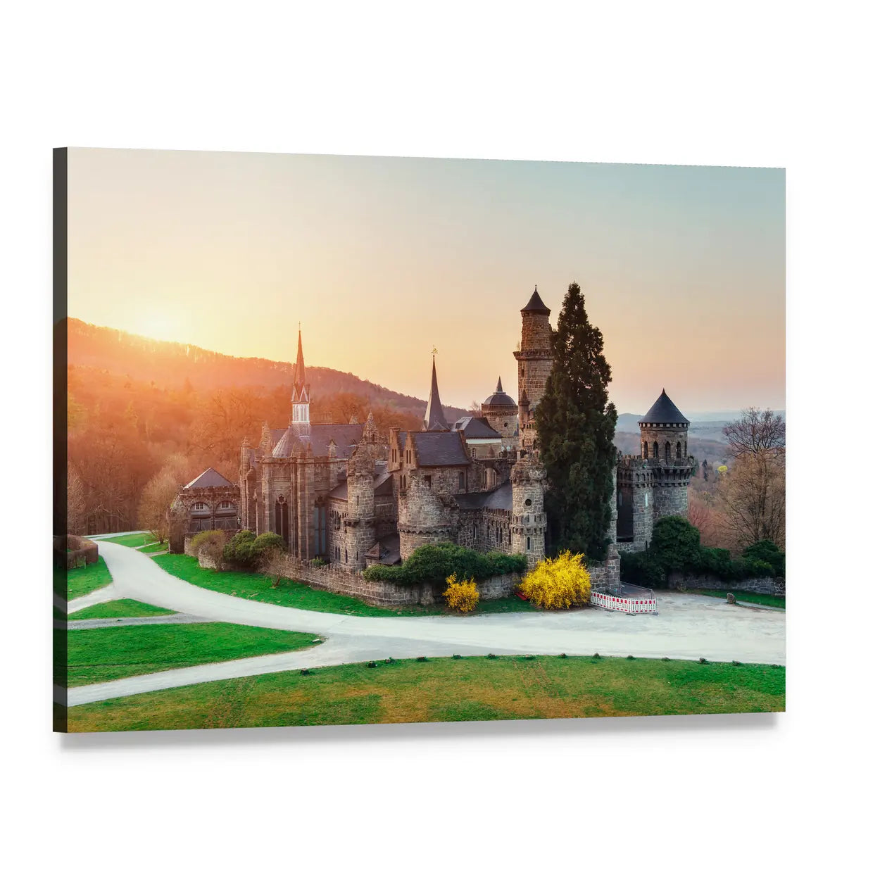 Sunset Over German Stone Castle Canvas Wall Art, single panel gallery wrapped canvas, angled product view