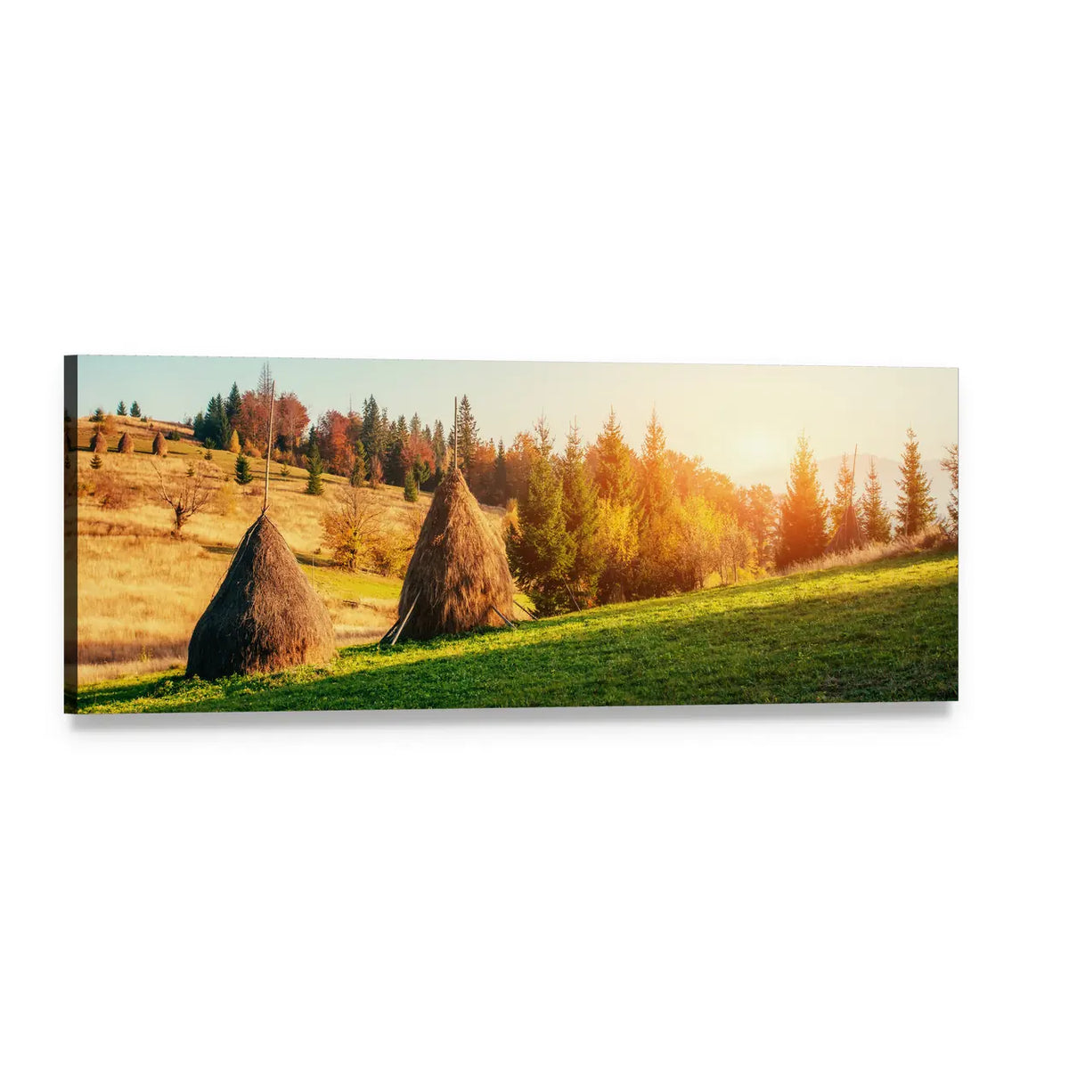 Autumn Haystacks at Golden Hour Panoramic Canvas Wall Art, single panel gallery wrapped canvas, angled product view