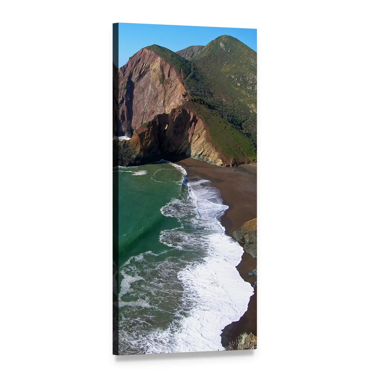 Tennessee Cove Coastal Cliffs and Dark Sand Beach Vertical Canvas Wall Art, 1 panel 1 Vertical layout gallery wrapped canvas set, angled product view