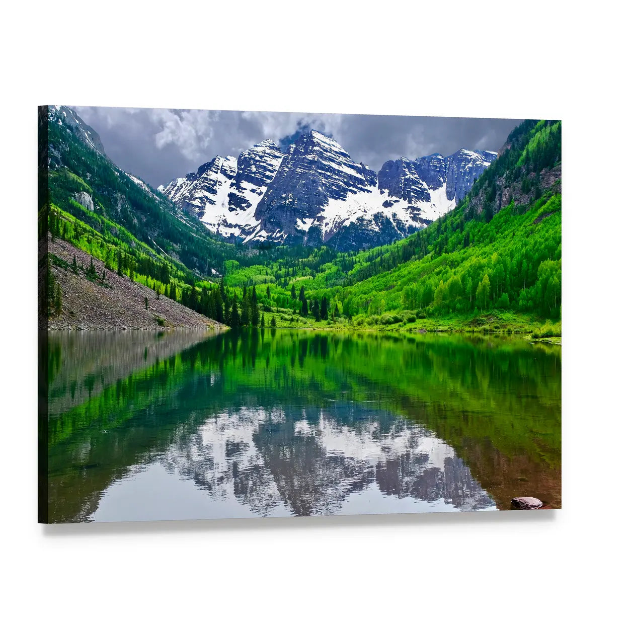 Maroon Bells Mountains with Lake Reflection Canvas Wall Art, single panel gallery wrapped canvas, angled product view