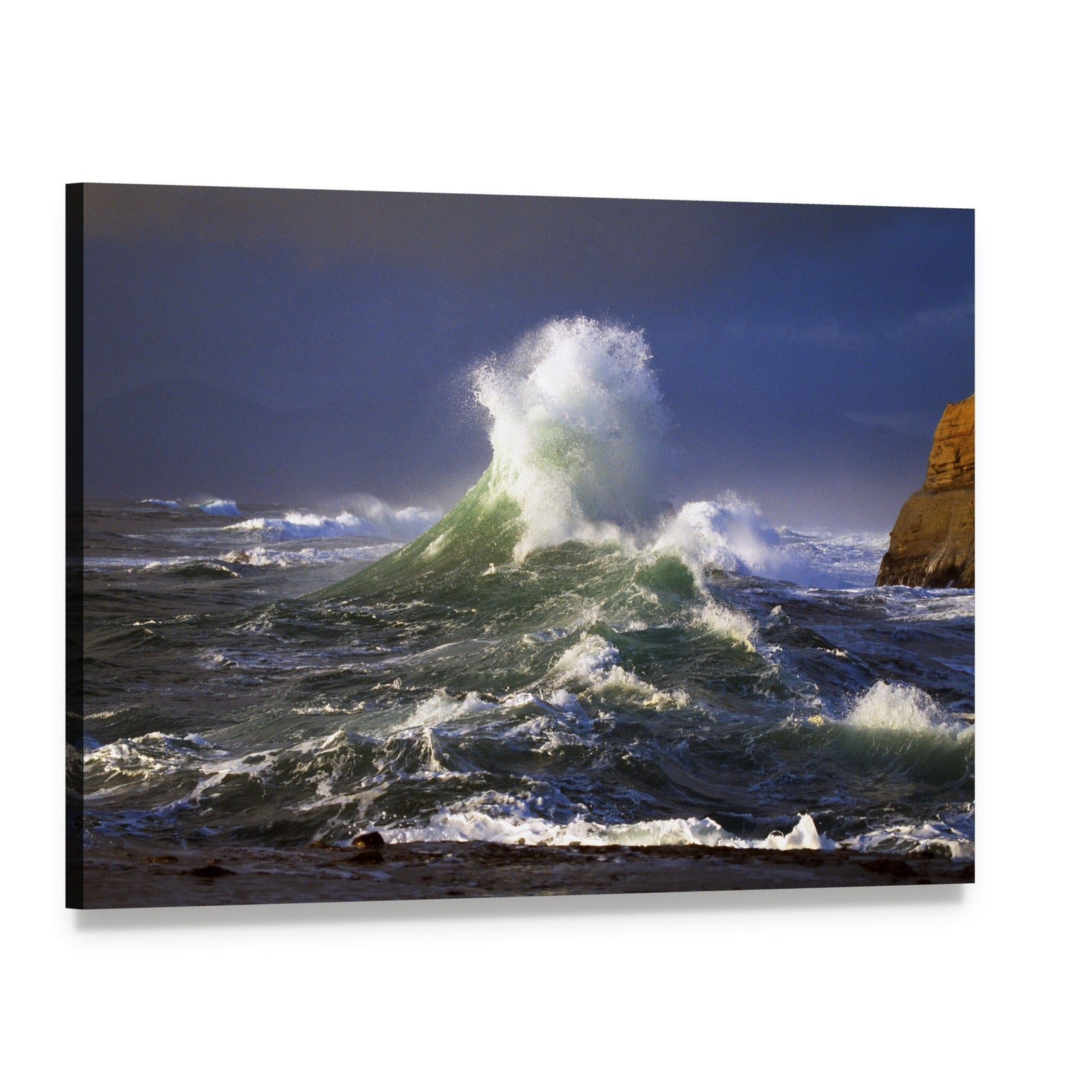 Wave Crashing Distant Storm Cape Kiwanda Canvas Wall Art, single panel gallery wrapped canvas, angled product view