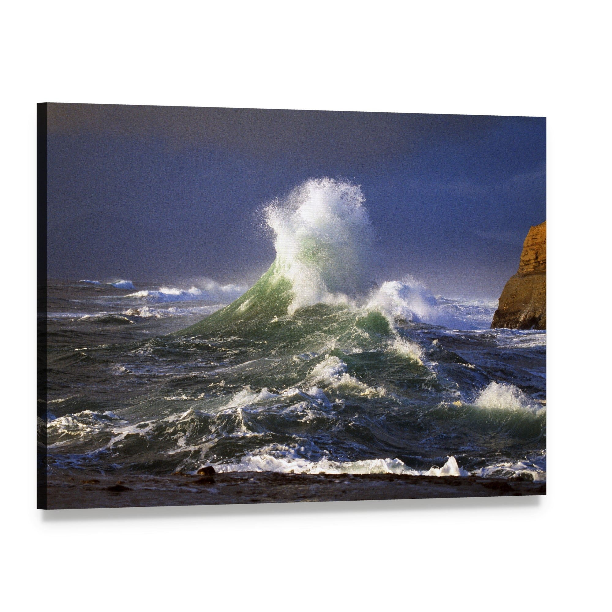 Wave Crashing Distant Storm Cape Kiwanda Canvas Wall Art, single panel gallery wrapped canvas, angled product view