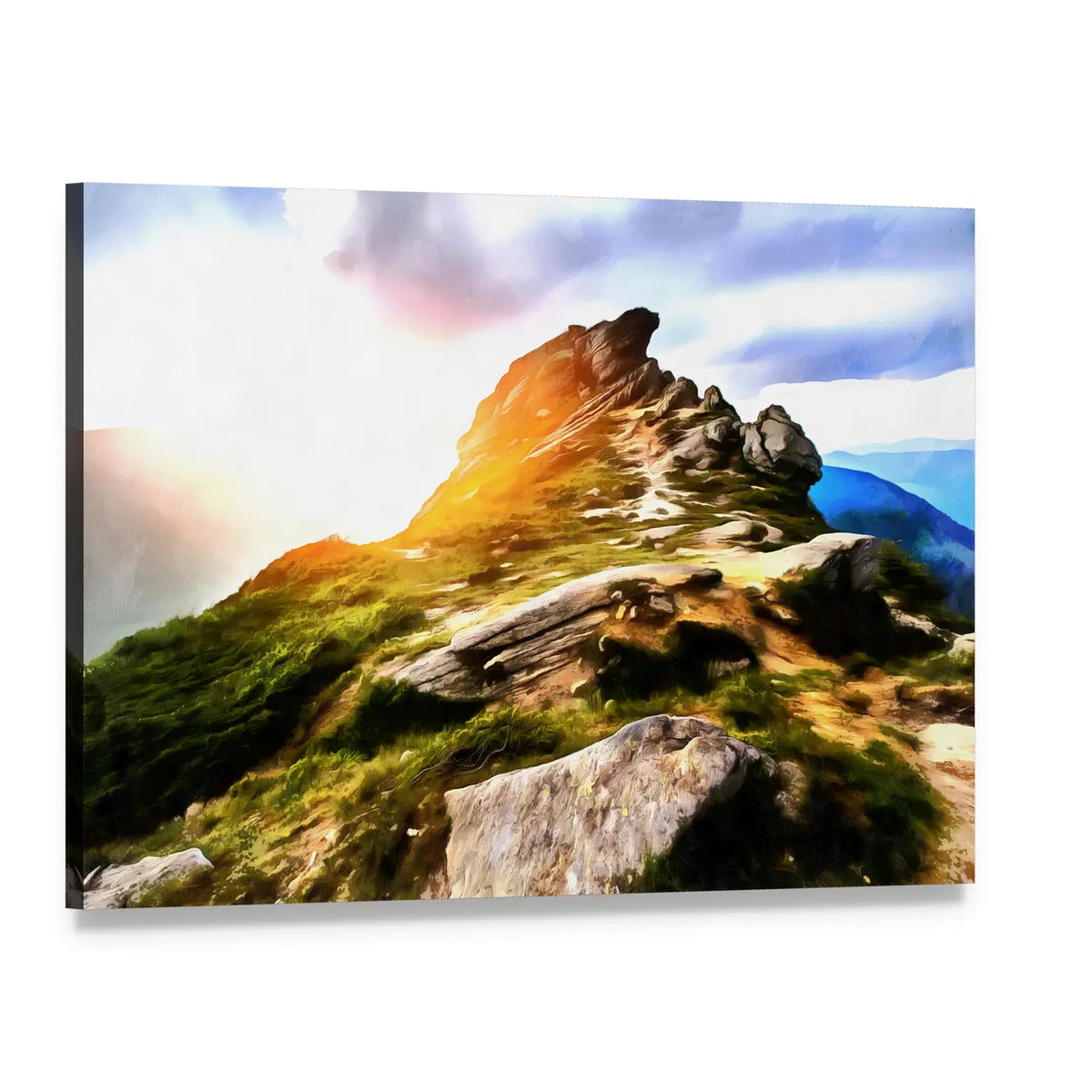 Late Afternoon Mountain Watercolor Canvas Wall Art, single panel gallery wrapped canvas, angled product view