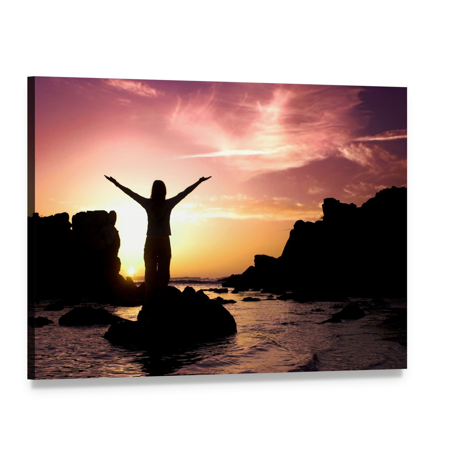 Woman Silhouette on Coastal Rocks at Sunset Canvas Wall Art, single panel gallery wrapped canvas, angled product view