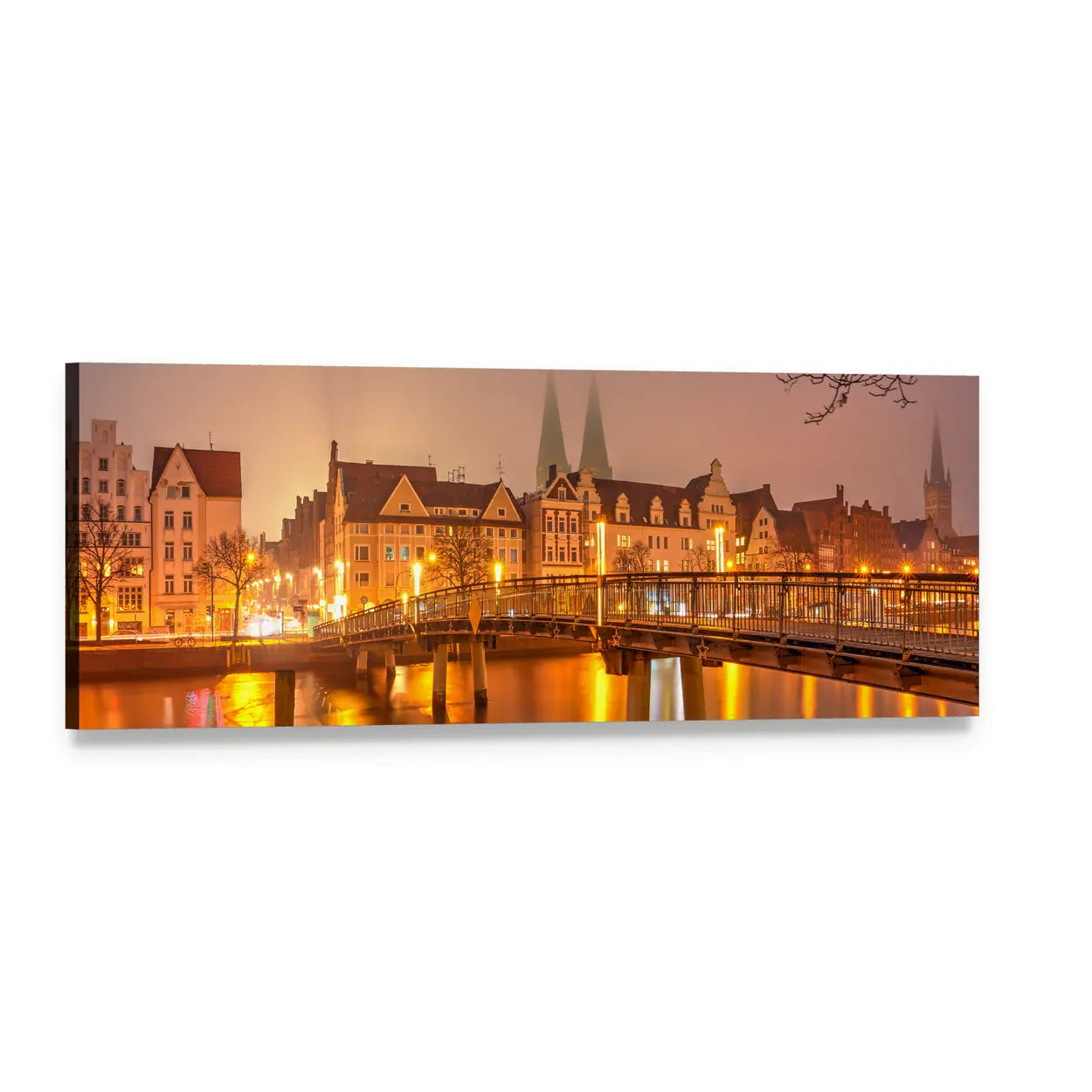 Old Town in Lubeck at Dusk Panoramic Canvas Wall Art, single panel gallery wrapped canvas, angled product view