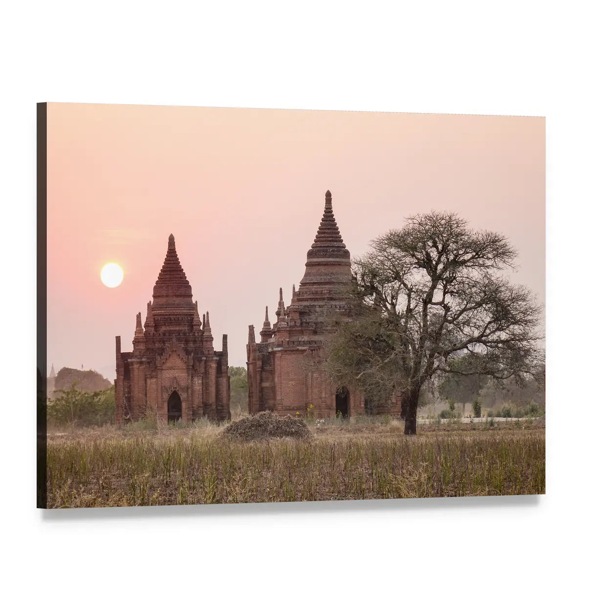 Buddhist Temples at Sunset in Myanmar Canvas Wall Art, single panel gallery wrapped canvas, angled product view