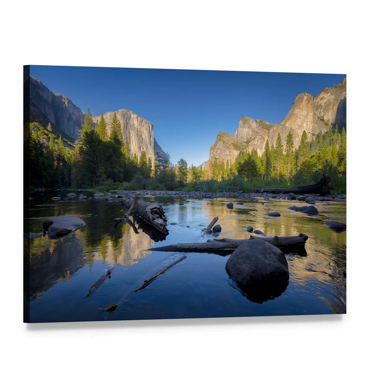 Idyllic Merced River Canvas Wall Art, single panel gallery wrapped canvas, angled product view