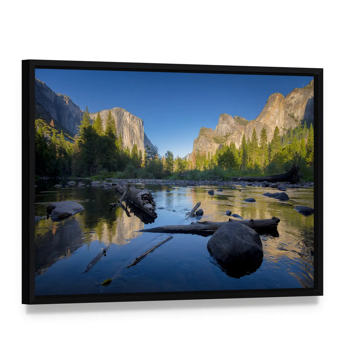Idyllic Merced River Canvas Wall Art, framed canvas in a black floater frame, angled product view