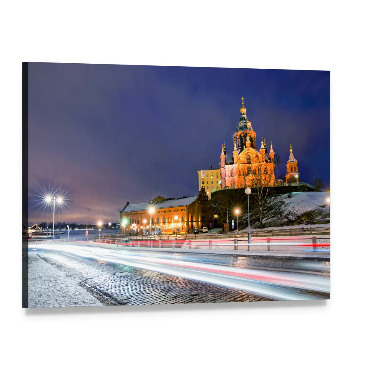 Uspenski Orthodox Cathedral at Night Canvas Wall Art, single panel gallery wrapped canvas, angled product view