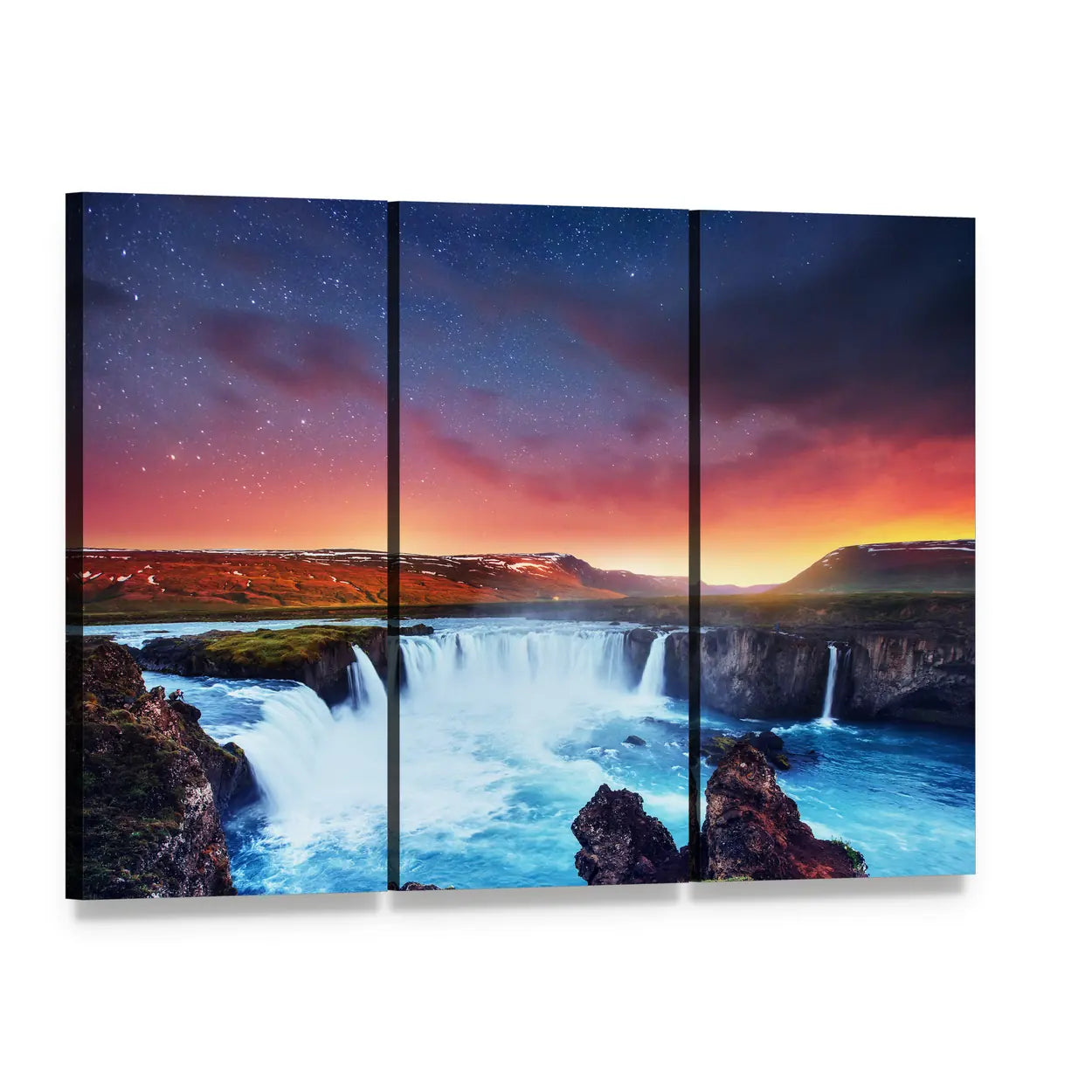 Godafoss Waterfall at Dusk Canvas Wall Art, 3 panel 3 Horizontal layout gallery wrapped canvas set, angled product view