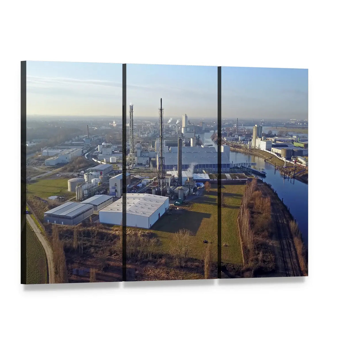 Harbour of Krefeld Industrial Canal Canvas Wall Art, 3 panel 3 Horizontal layout gallery wrapped canvas set, angled product view