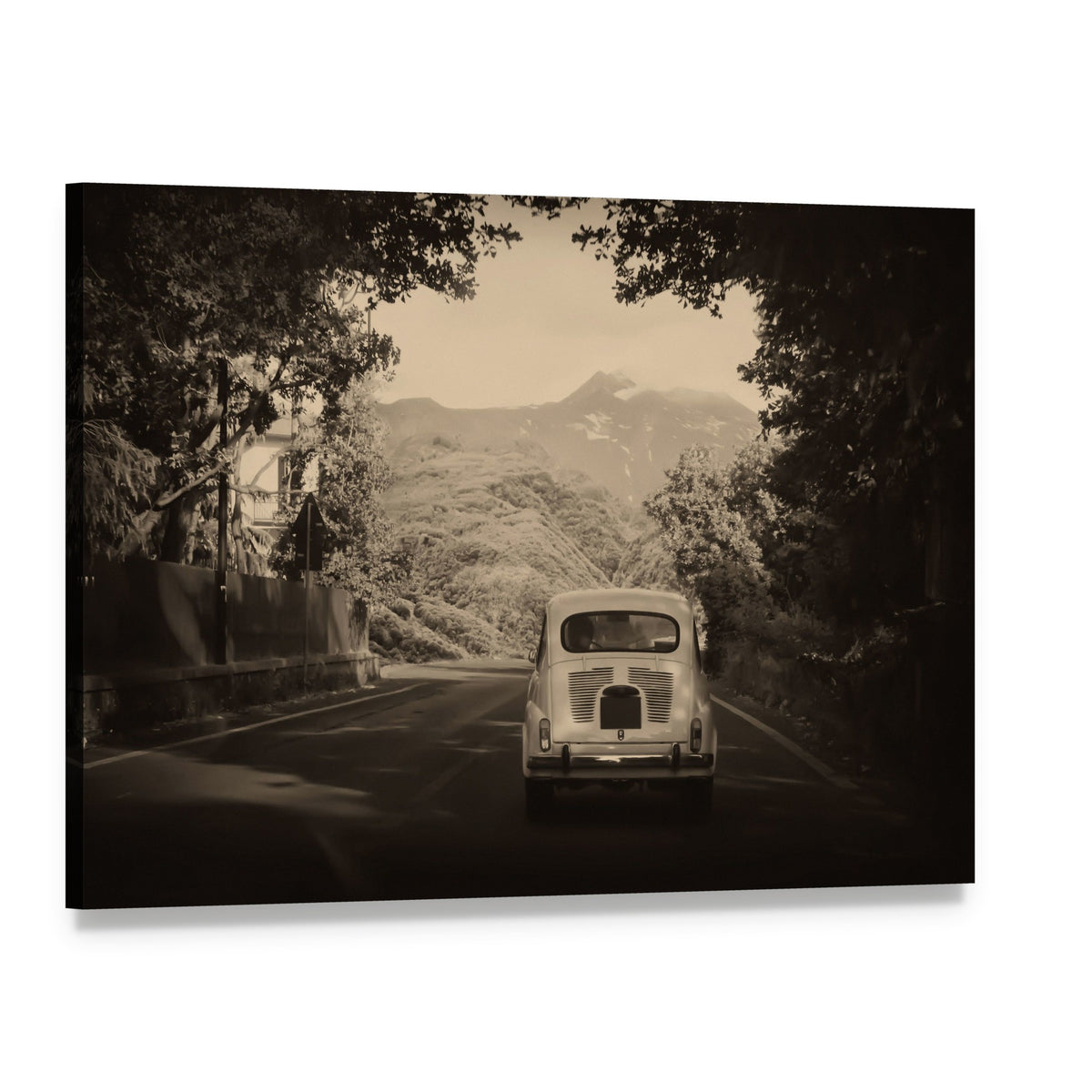 Sepia Vintage Car Journey in Mountains Canvas Wall Art, single panel gallery wrapped canvas, angled product view