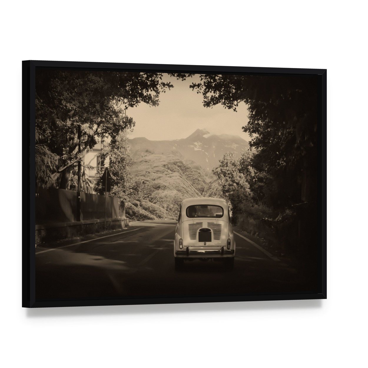 Sepia Vintage Car Journey in Mountains Canvas Wall Art, framed canvas in a black floater frame, angled product view