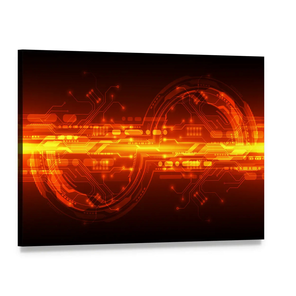Orange Glowing Circuit Board Interface Canvas Wall Art, single panel gallery wrapped canvas, angled product view
