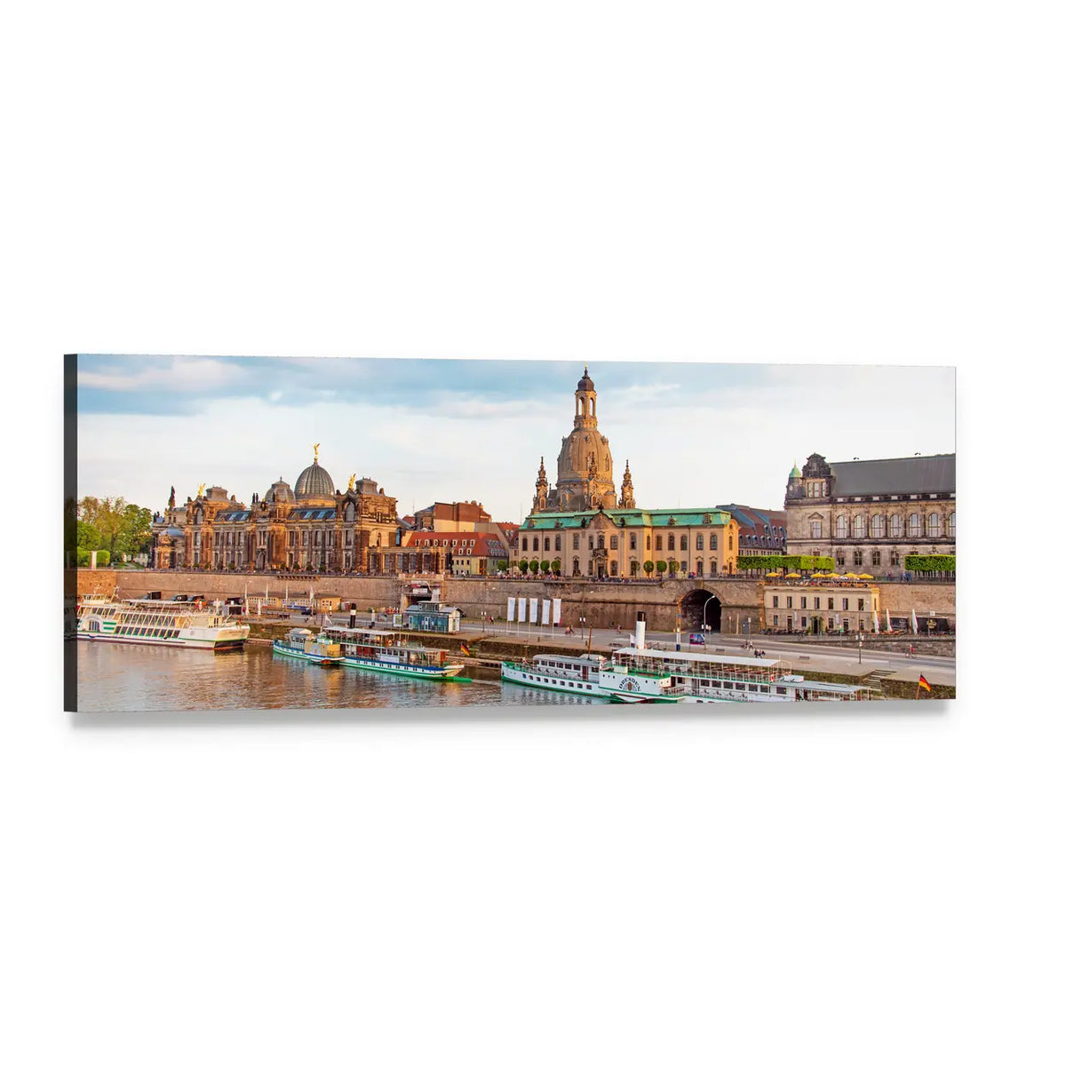 Historic Riverside Cityscape with Domed Cathedral Panoramic Canvas Wall Art, single panel gallery wrapped canvas, angled product view