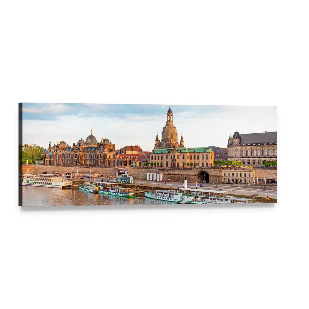 Historic Riverside Cityscape with Domed Cathedral Panoramic Canvas Wall Art, single panel gallery wrapped canvas, angled product view