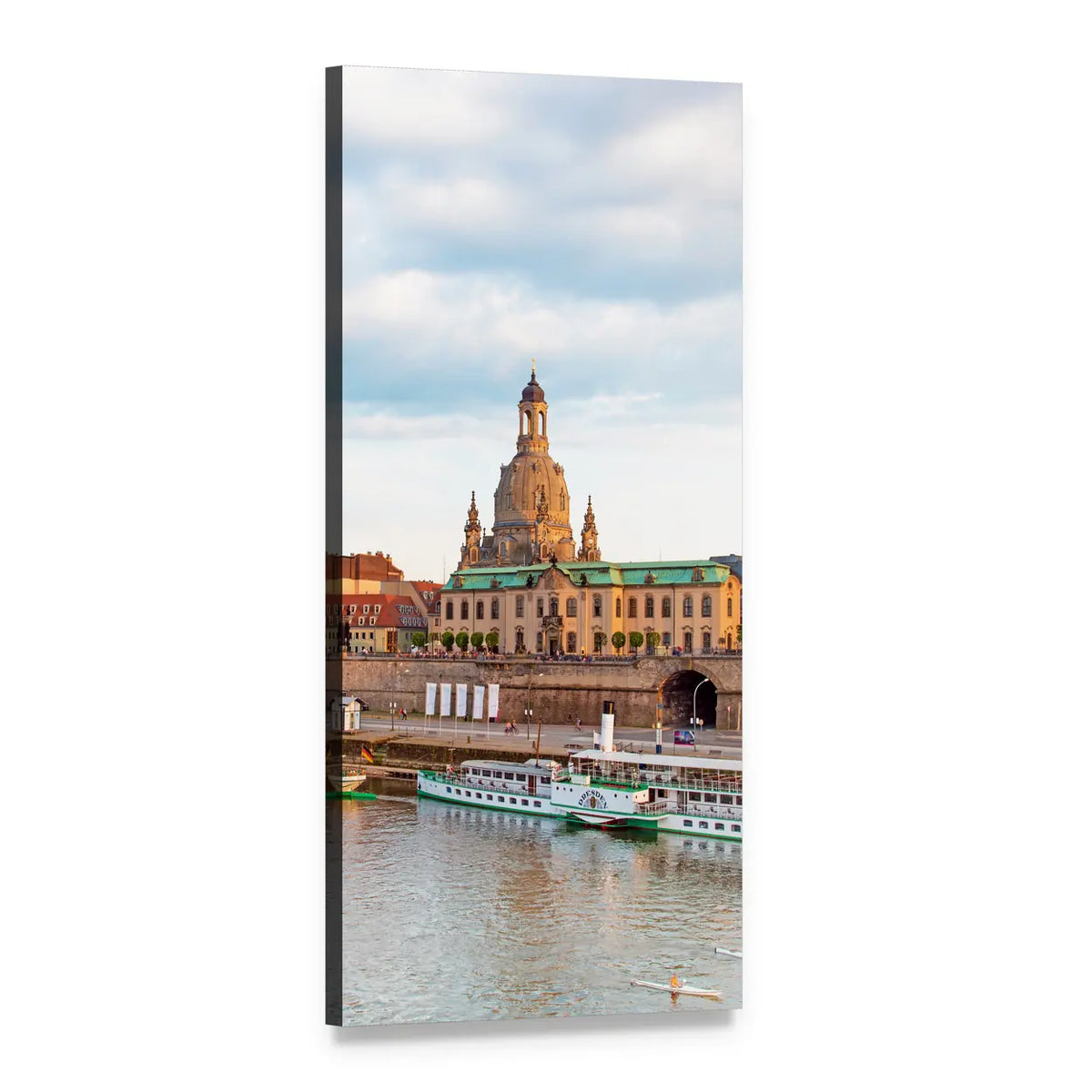 Elbe River Historic Dome and Riverboat Vertical Canvas Wall Art, 1 panel 1 Vertical layout gallery wrapped canvas set, angled product view