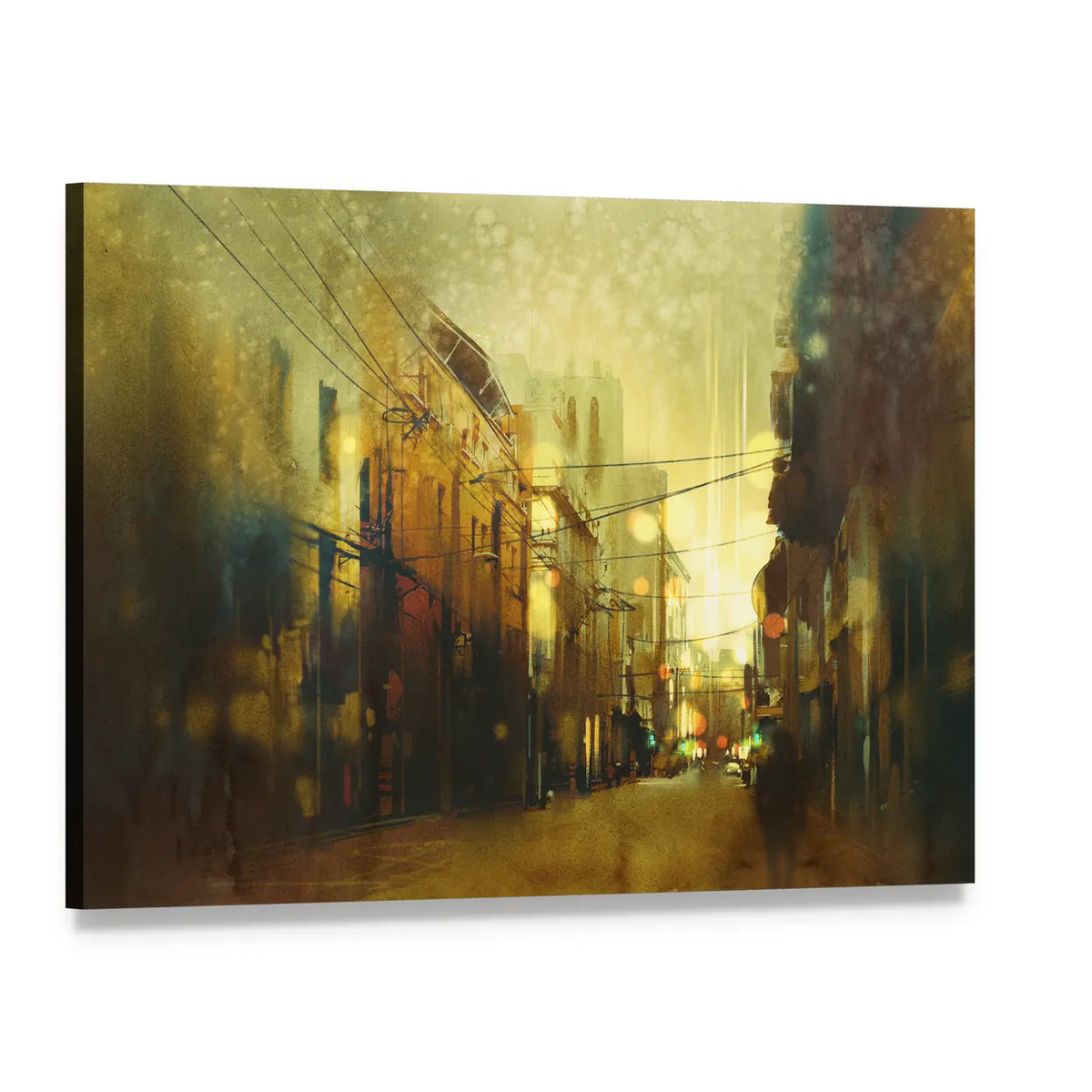 Urban Street at Golden Dusk Canvas Wall Art, single panel gallery wrapped canvas, angled product view