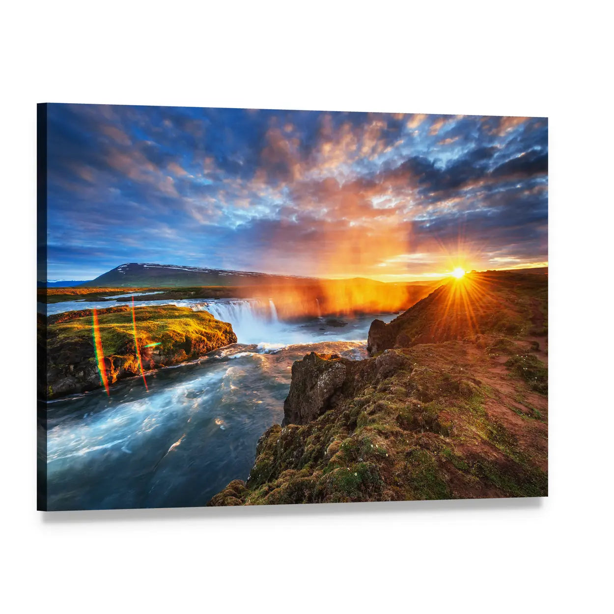 Sunset Over Waterfall and Cliffs Canvas Wall Art, single panel gallery wrapped canvas, angled product view