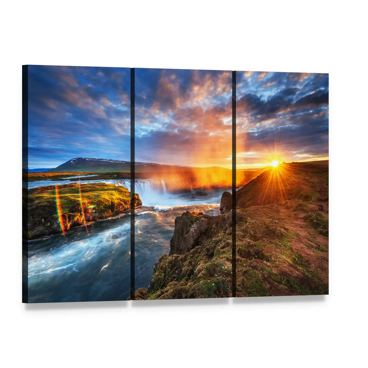Sunset Over Cliffs and Waterfalls Canvas Wall Art, 3 panel 3 Horizontal layout gallery wrapped canvas set, angled product view