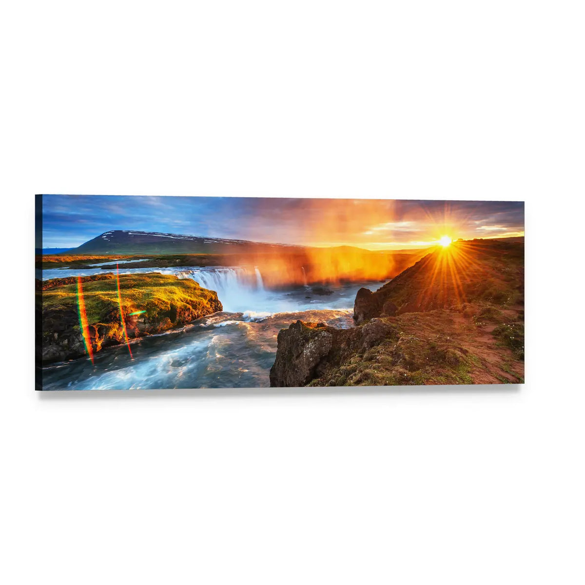 Sunset Waterfall and Snowy Mountain Peaks Panoramic Canvas Wall Art, single panel gallery wrapped canvas, angled product view