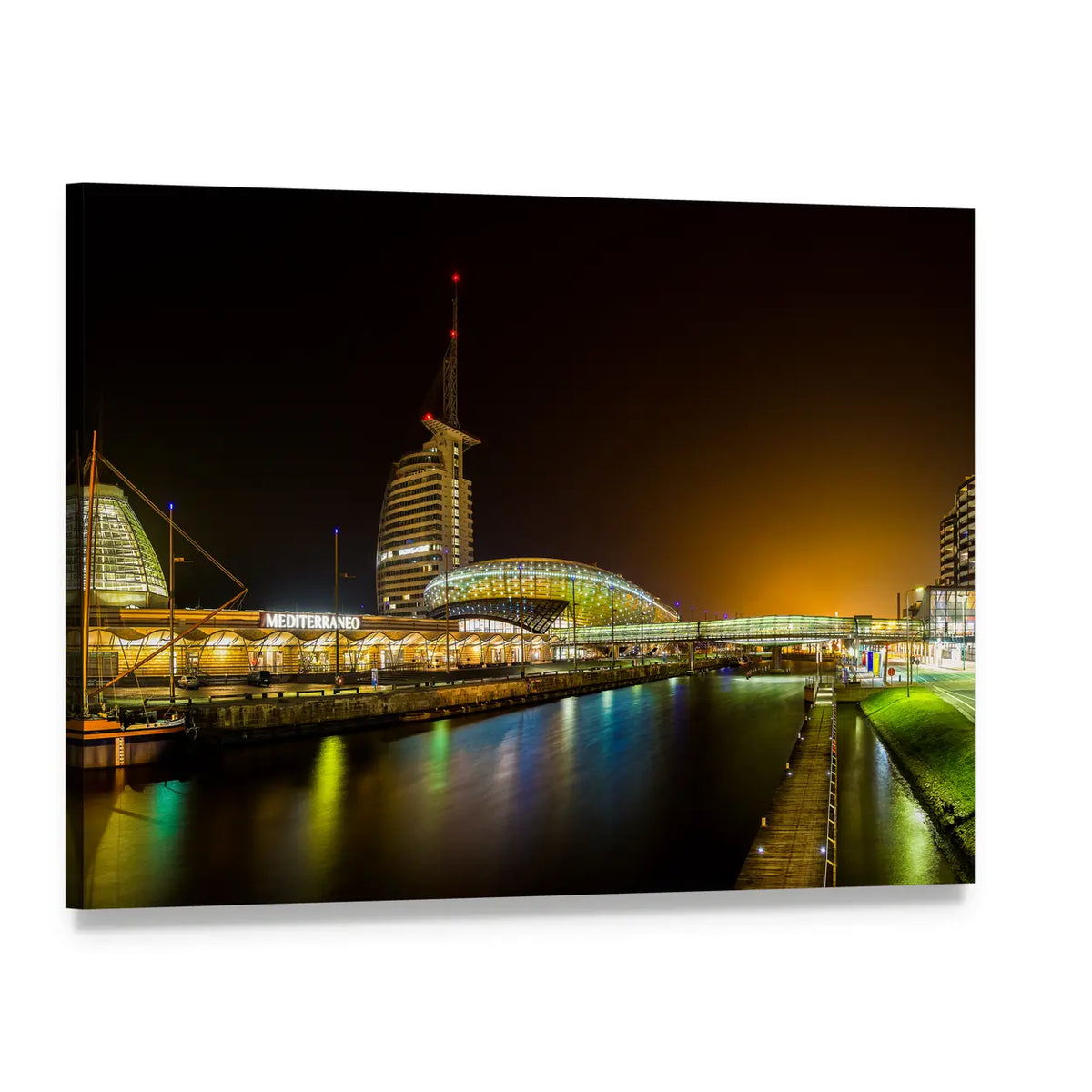 Night Bridge and River in Bremerhaven Canvas Wall Art, single panel gallery wrapped canvas, angled product view
