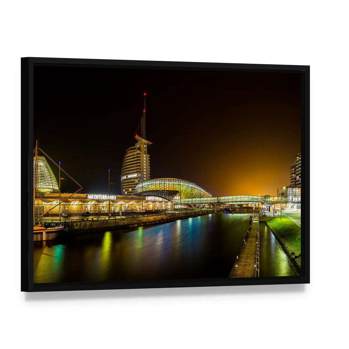 Night Bridge and River in Bremerhaven Canvas Wall Art, framed canvas in a black floater frame, angled product view