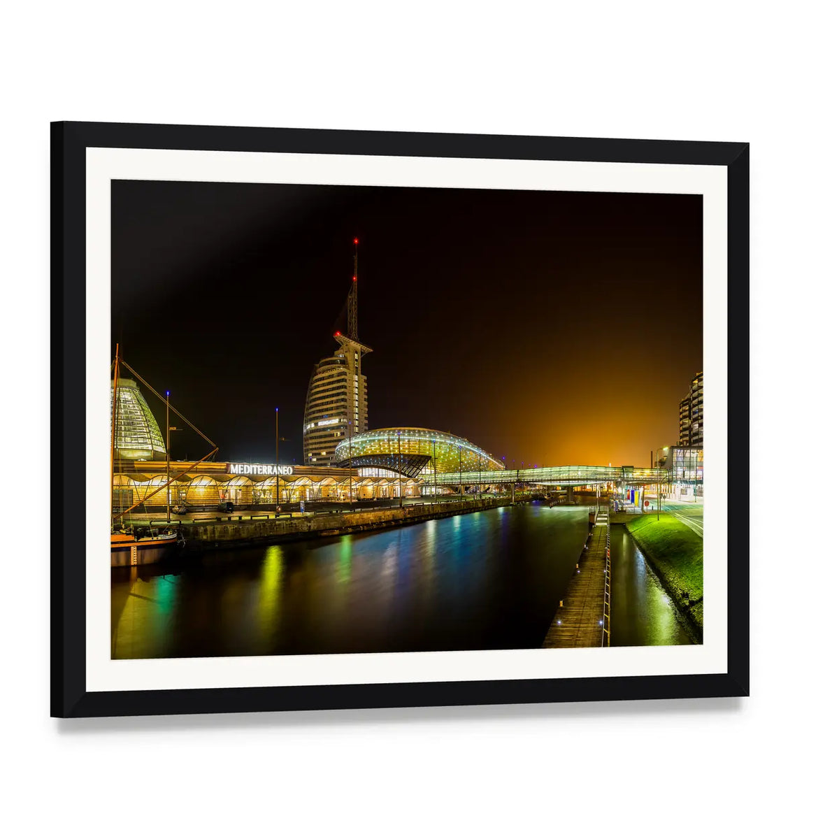 Night Bridge and River in Bremerhaven Canvas Wall Art, framed print with white mat and black frame, angled product view